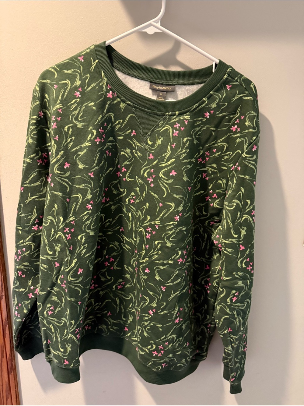 Style & Co. Green Floral-Print Crewneck Sweatshirt with Pink Accents